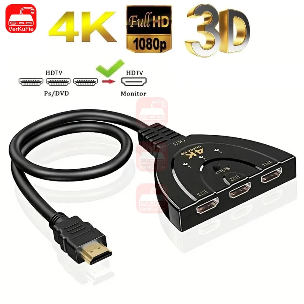 Splitter video 3-in-1 con uscita 4K 3D ad alta definizione, switch HDTV con trasferimento del segnale a un tasto per la condivisione visiva domestica