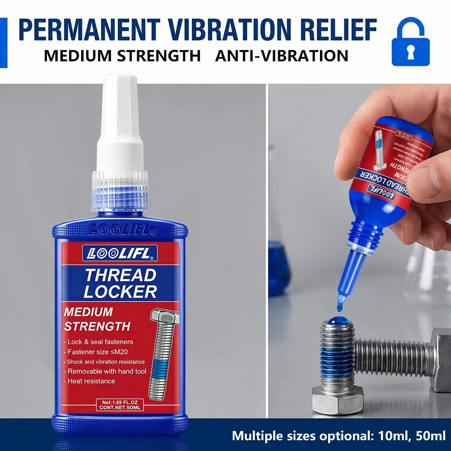 10-50ML243 Medium Strength Thread Locker Anaerobic Threadlocker Glue Sealant for Screw Bolt Fastener Automotive Machinery Repair