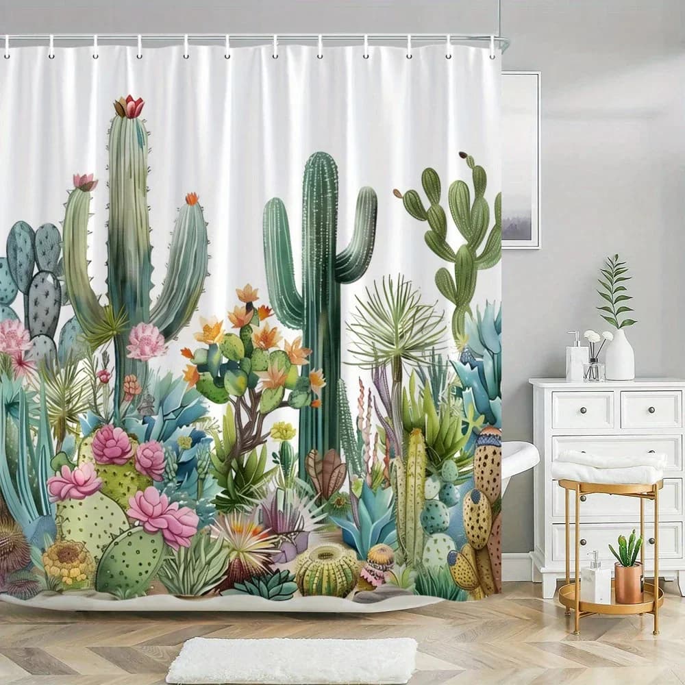 Tenda da doccia Desert Garden - Piante grasse, cactus, fiori rosa, poliestere, 12 ganci, design ispirato alla natura