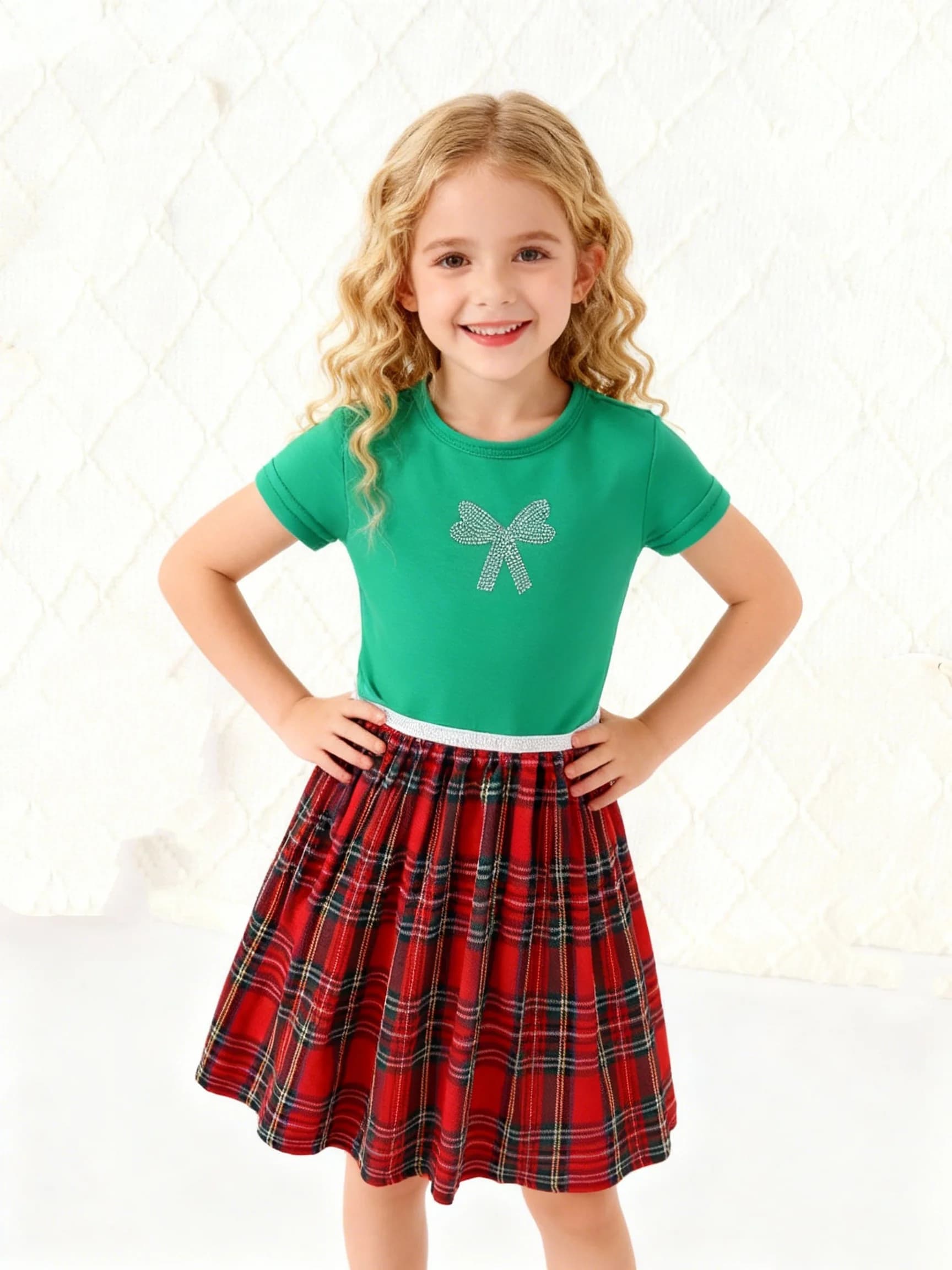 Summer New Cute Beaded Butterfly Knot Splicing Skirt For Girls, Fashionable And Casual Plaid Dress