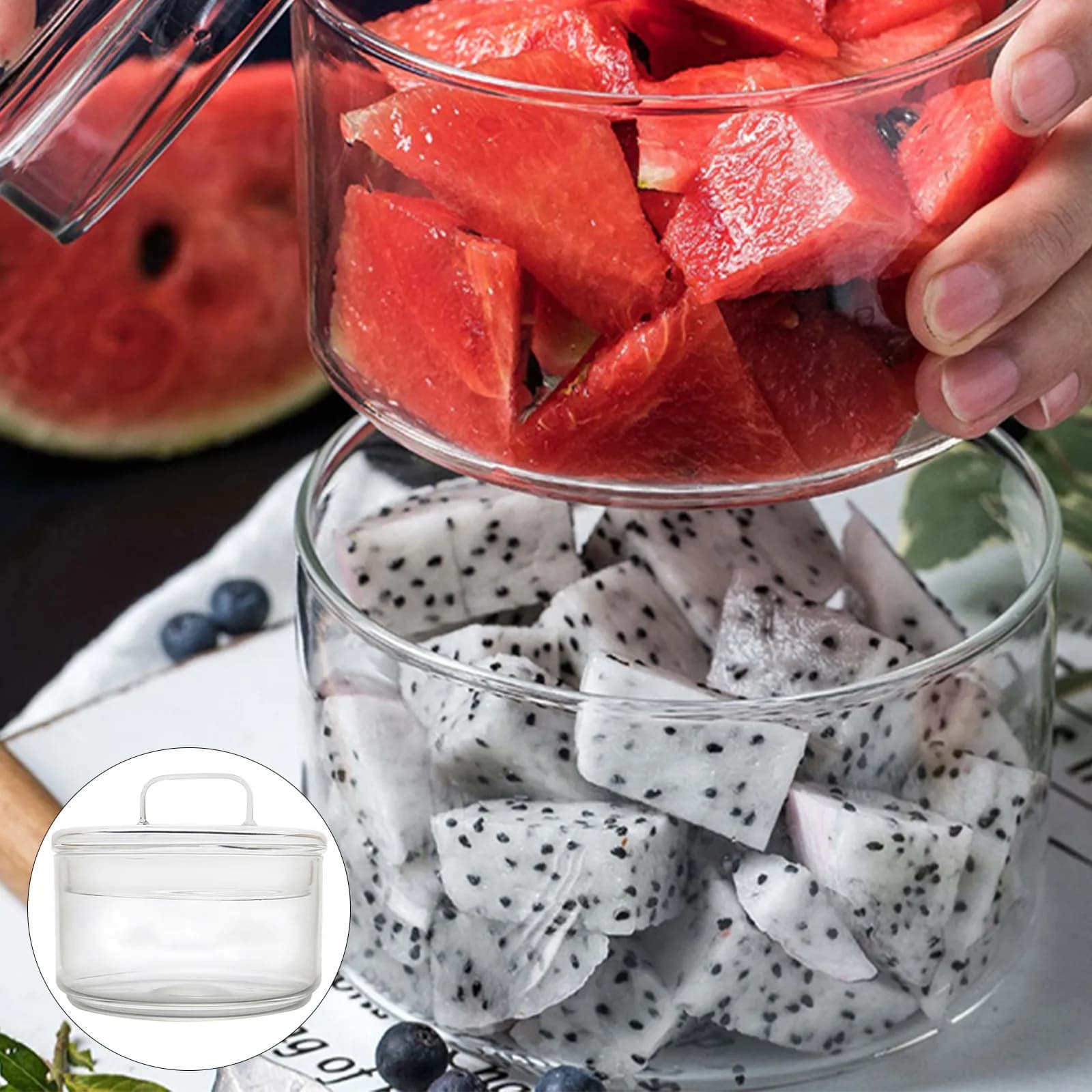 1 glass bowl with transparent lid, heat-resistant multipurpose food container, fruit container, salad, snack