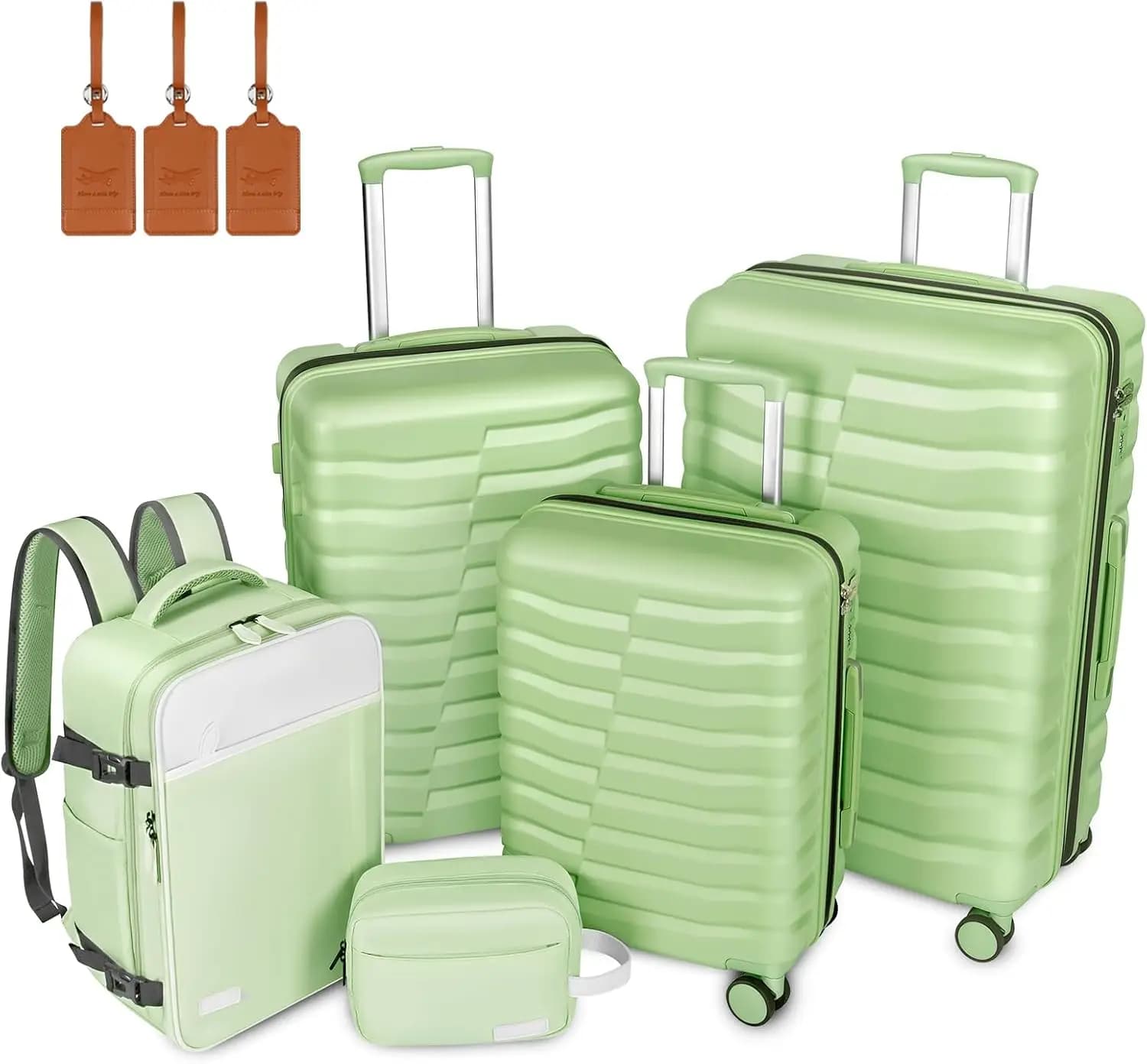Set di Valigie Leggere con Zaino, Valigia Rigida in ABS+PC con Serratura TSA e Cerniera YKK, Set da Viaggio 5 Pezzi (Verde Avocado)