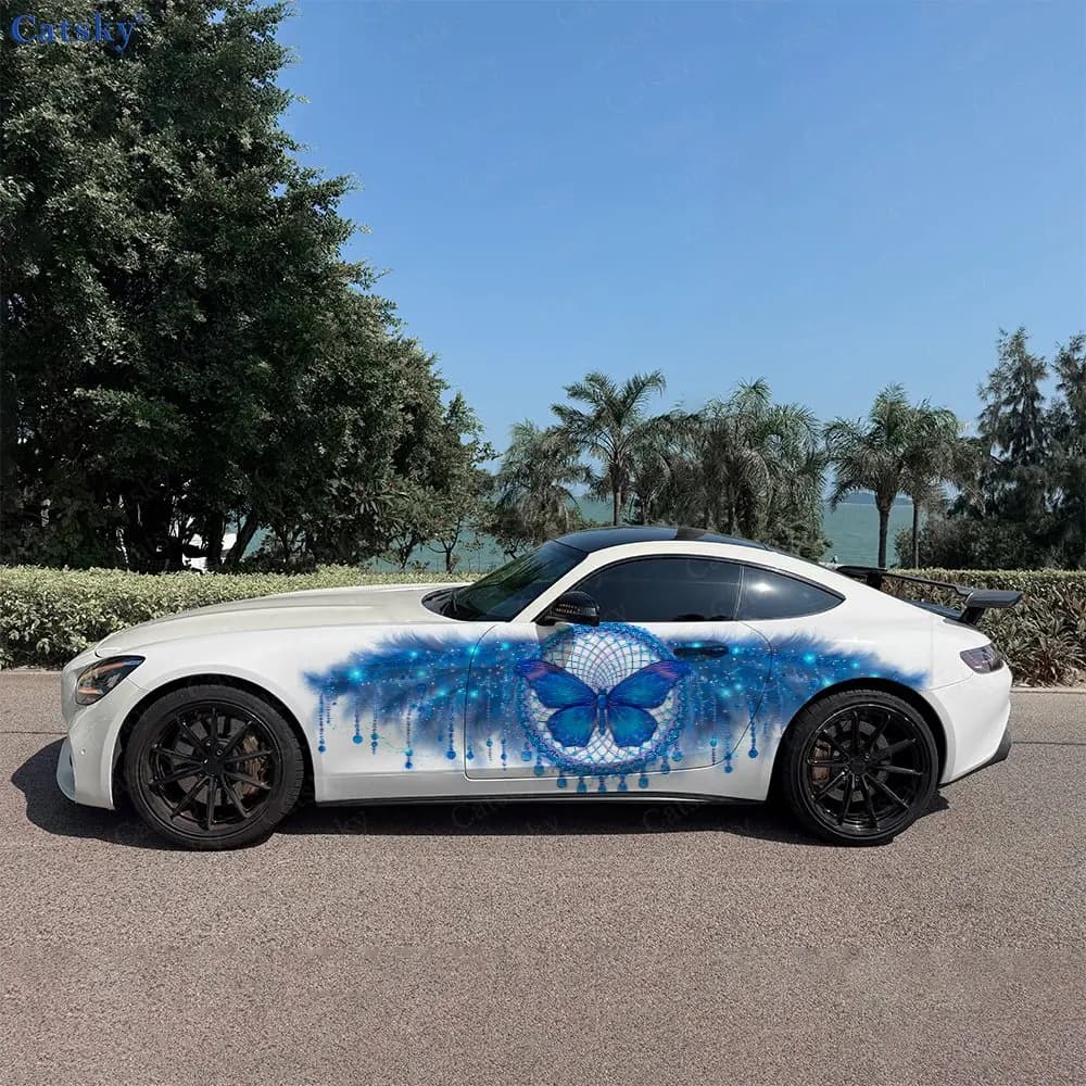 2pcs Blue Feather Dreamcatcher Butterfly Car Side Wraps, Self-Adhesive PVC Waterproof & Scratch-Resistant Sticker, Car Accessory