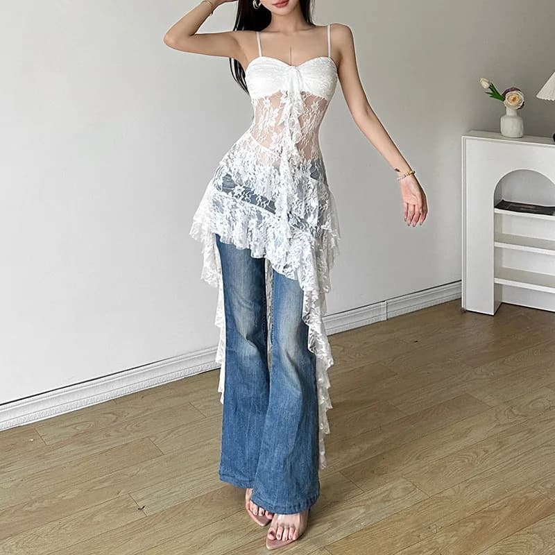 Nuovo Abito da Donna alla Moda con Pizzo Traforato e Orlo Irregolare YY10938