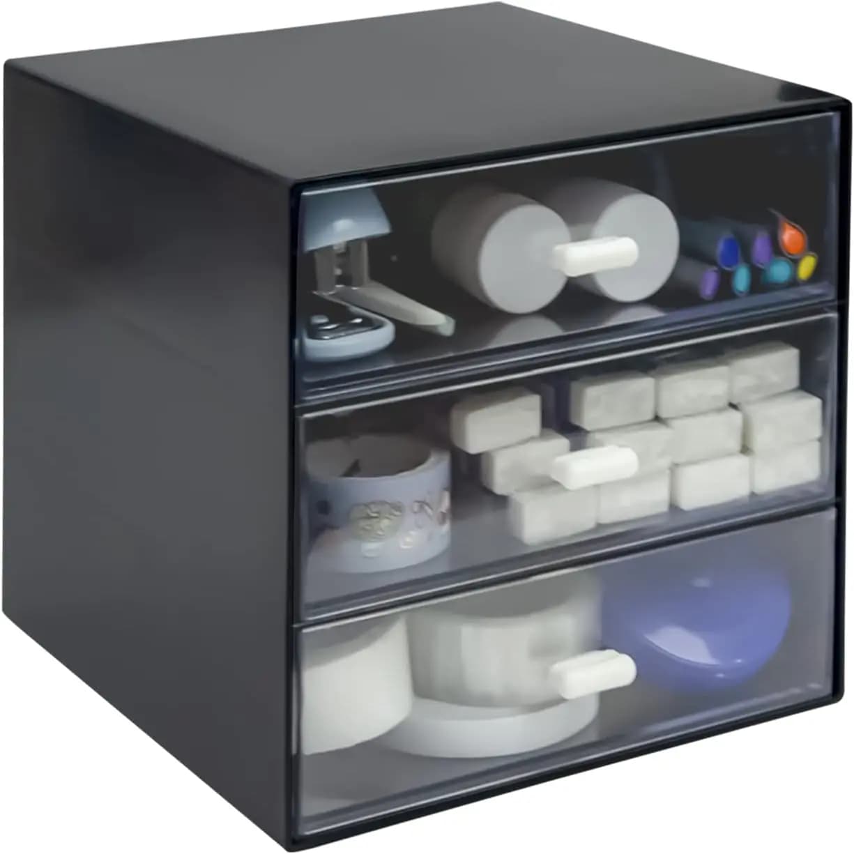 Black desk organizer with 3 drawers with storage box, plastic office supplies for home, school and office