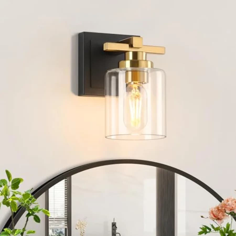 Lampada Moderna da Bagno a 1 Luce Sopra Specchio, Applique da Parete per Bagno con Paralumi in Vetro Trasparente, Attacco E26