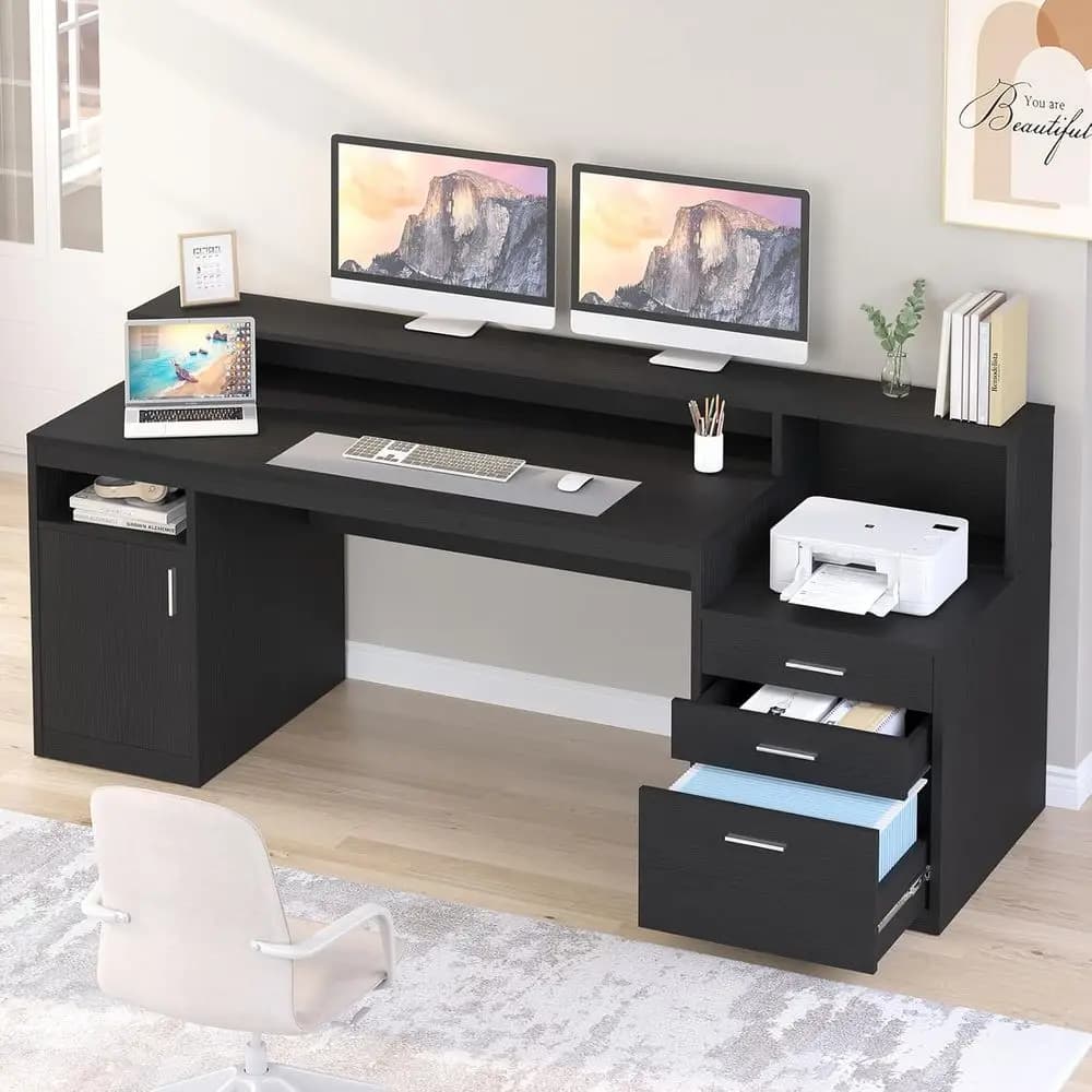 Black 3 Drawer & Storage Shelves Computer Desk, Home Office Desk with File Drawer & Cabinet, Long Monitor Stand & Printer Shelf