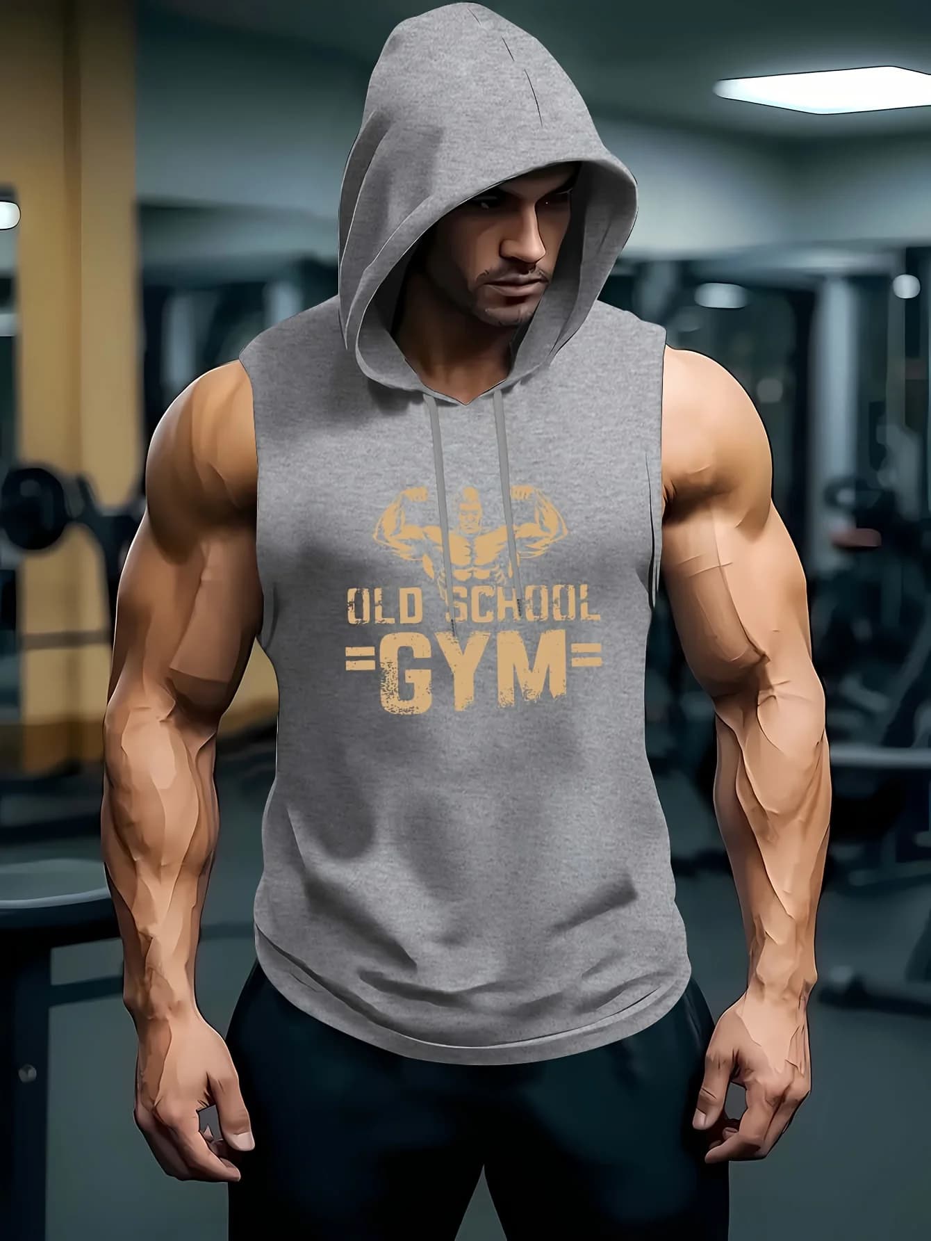 Canotta con Cappuccio Senza Maniche da Uomo Stile Old School con Stampa Palestra - Gilet con Cappuccio per Allenamento Bodybuilding, T-shirt Traspirante per Fitness Muscolare