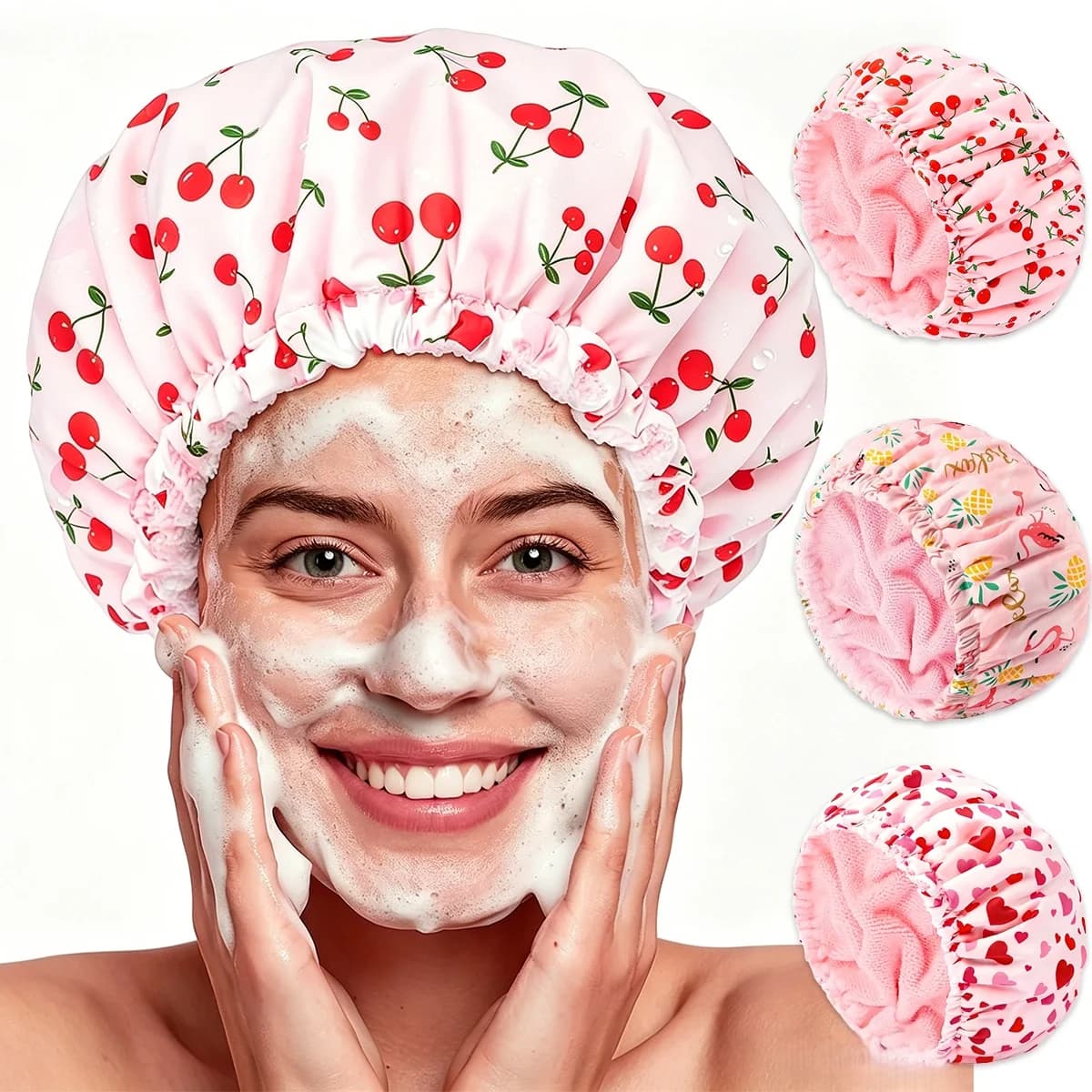 Shower Cap for Women Terry Lined Bath Cap Large Reusable Waterproof Elastic Band Pink Shower Caps for Long Thick Hair Soft Bath