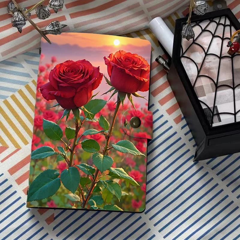 Elegante Taccuino in Pelle PU con Stampa di Rose Rosse, Diario con Design Floreale da Giardino al Tramonto e Chiusura a Bottone per Uomini e Donne