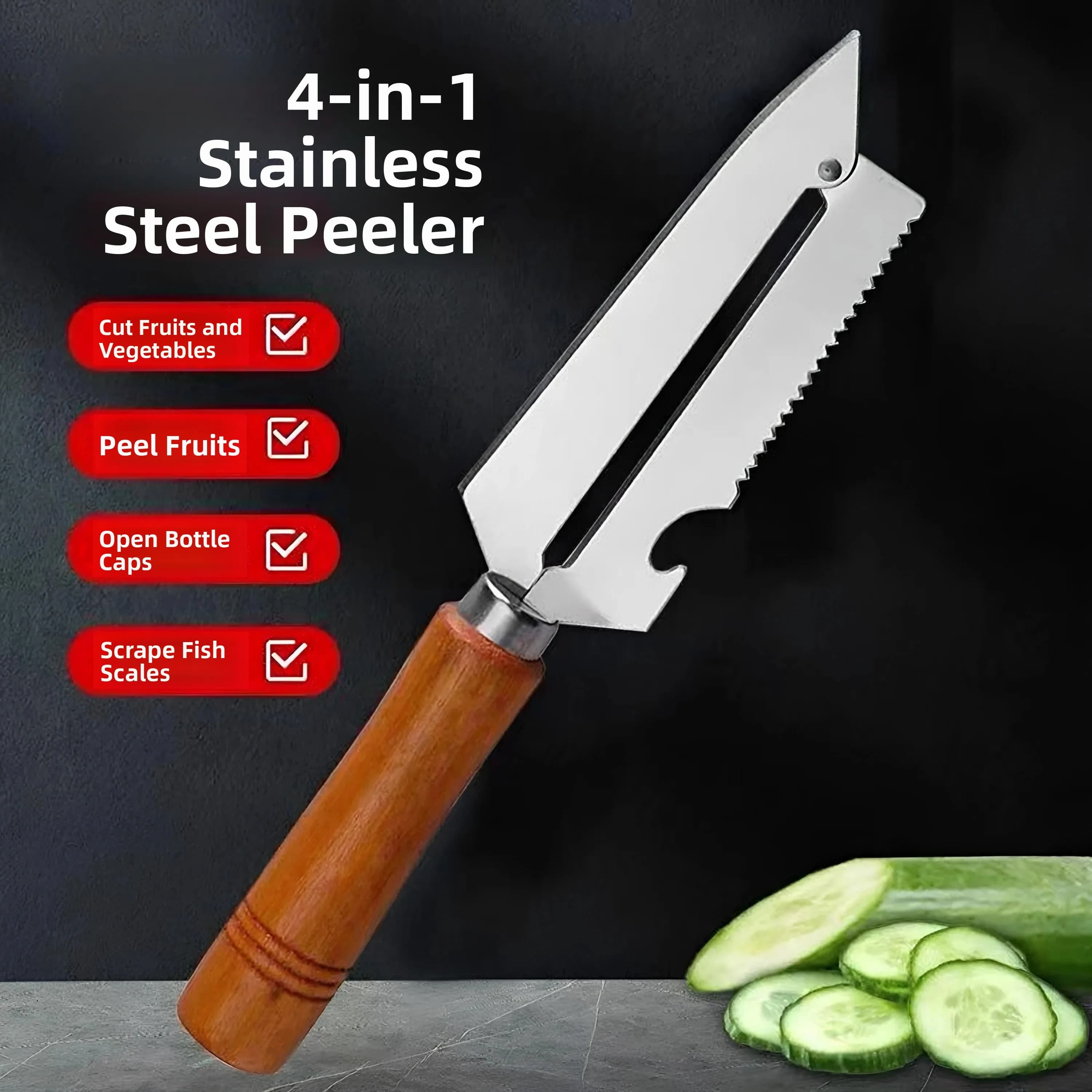 Pelapatate Multifunzione in Acciaio Inox con Manico in Legno, Coltello a Quattro Funzioni, Utensile Professionale da Cucina per Patate e Frutta
