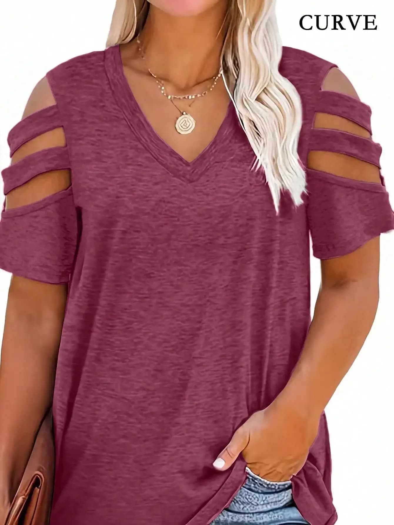 Moda donna Plus Size 1XL-5XL Scollo a V Estate Hollow Spalla Esposta T-shirt Estate Allentato Top a maniche corte T-shirt casual