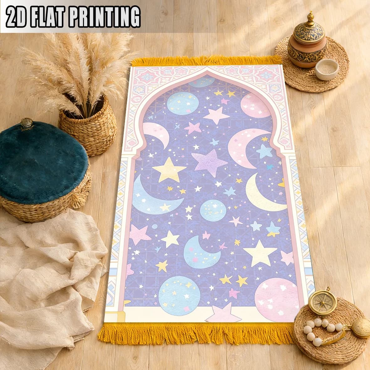 VIKAMA Islamic Prayer Carpet with Moon and Stars, in Polyester, Portable, for Children, Muslim Prayer Carpet for Ramadan, Home Decoration