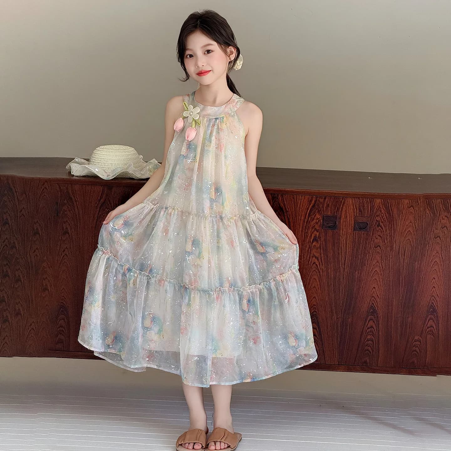 Girls' dress sleeveless vest skirt summer cotton skirt medium and large children's contrasting color foreign style summer dress