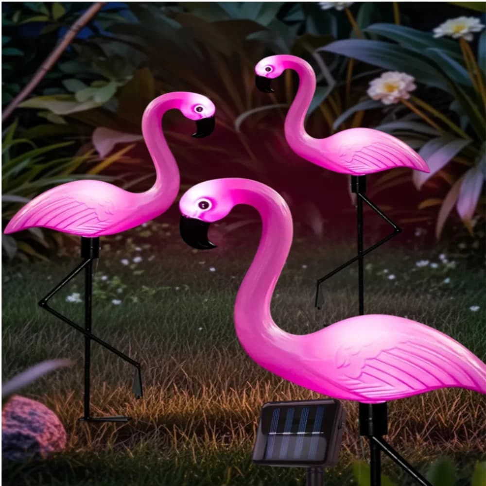 Set di 3 Luci Solari a Forma di Fenicottero, Impermeabili, per Decorazione Notturna di Giardini, Vialetti, Cortili e Prati