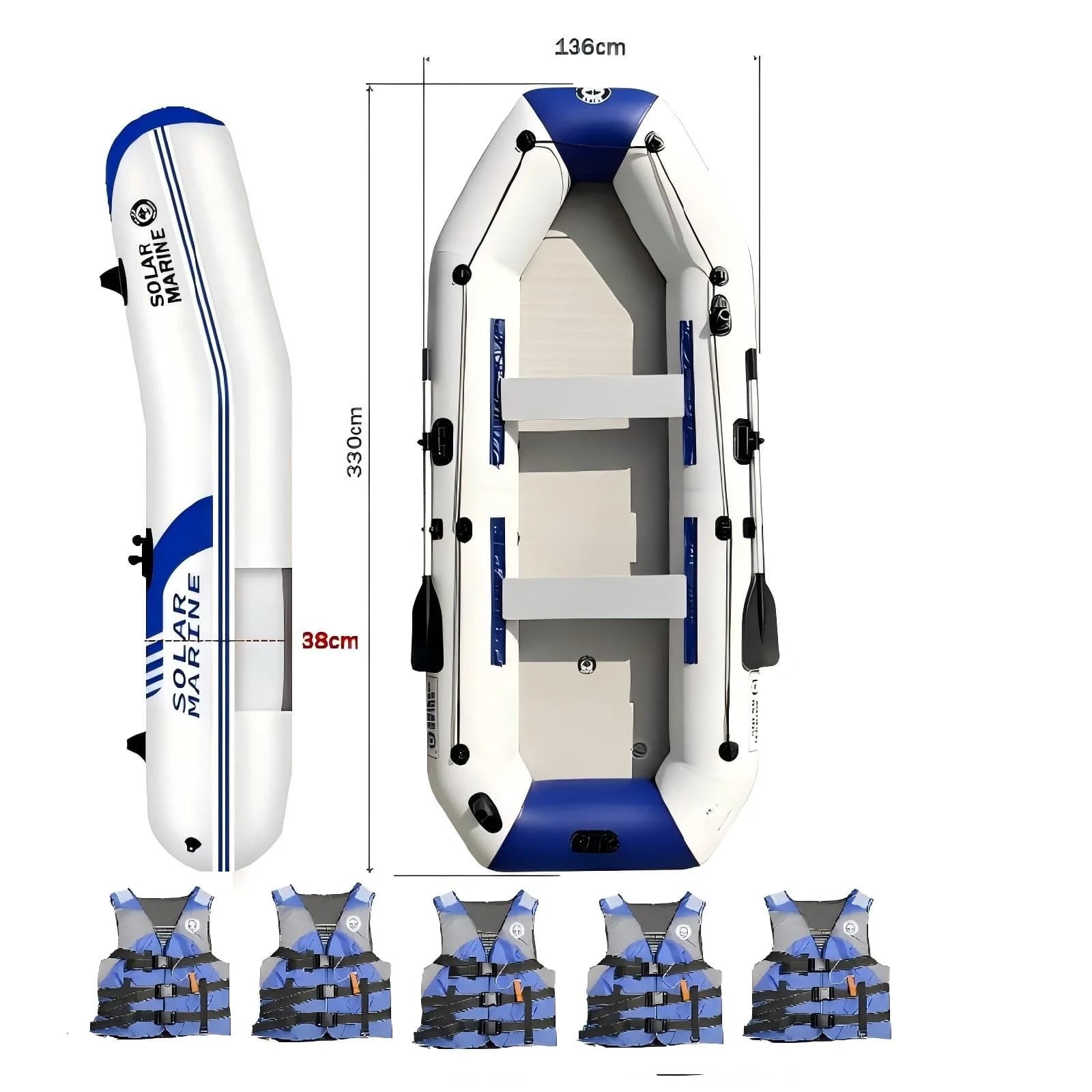 Gommone Gonfiabile in PVC Solar Marine per 5 Persone, Canoa da Pesca 330 CM con Accessori e 4 Giubbotti di Salvataggio di Lusso per Sport Acquatici all'Aperto