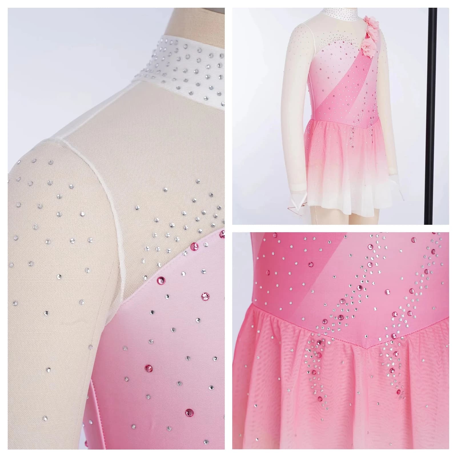 Costume da Ballerina per Bambine, Abito da Danza Lirica con Schiena Scoperta, Maniche Lunghe in Rete Trasparente, Vestito per Ginnastica e Pattinaggio sul Ghiaccio