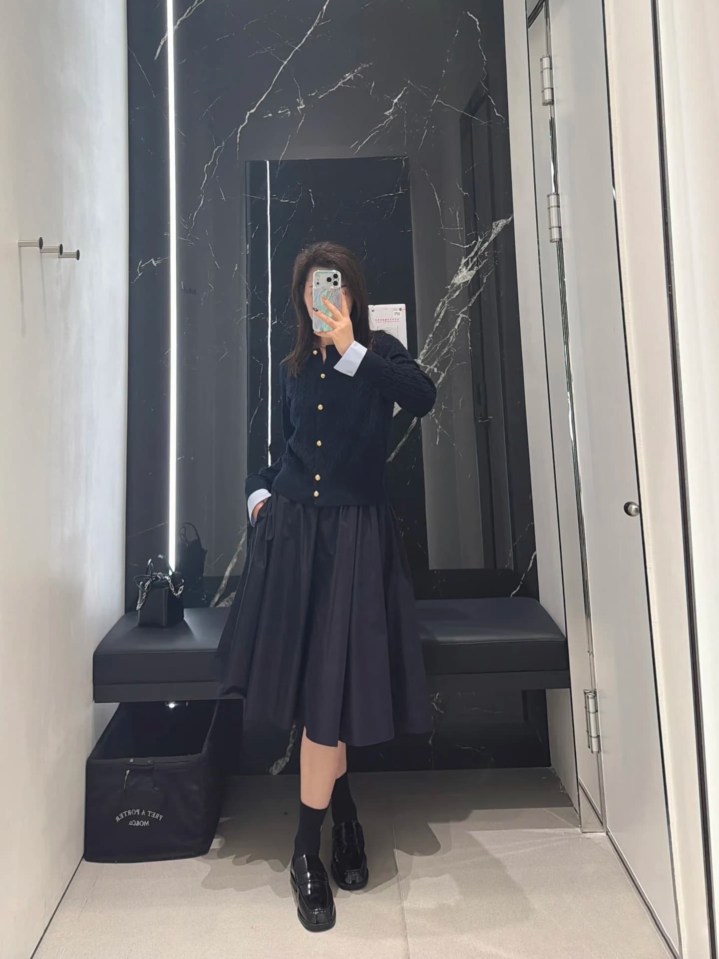 Gonna Midi a Vita Alta Nera Cloud Sensation, Stile Elegante Primaverile da Donna, in Tessuto Misto Triacetato