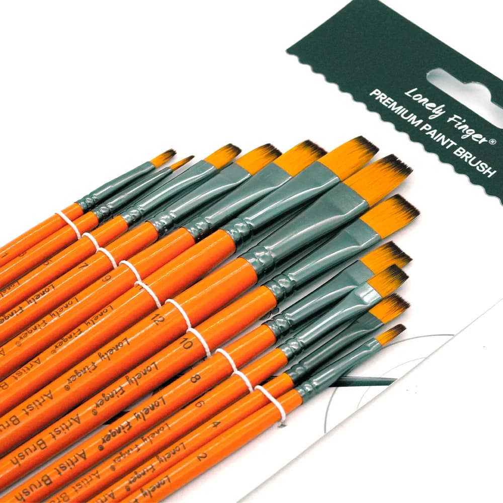12pcs Flat Tip Nylon Hair Artist Paintbrushes for Acrylic Watercolor Oil Ink Canvas Painting, Face Body Nail Art, Model, Rock