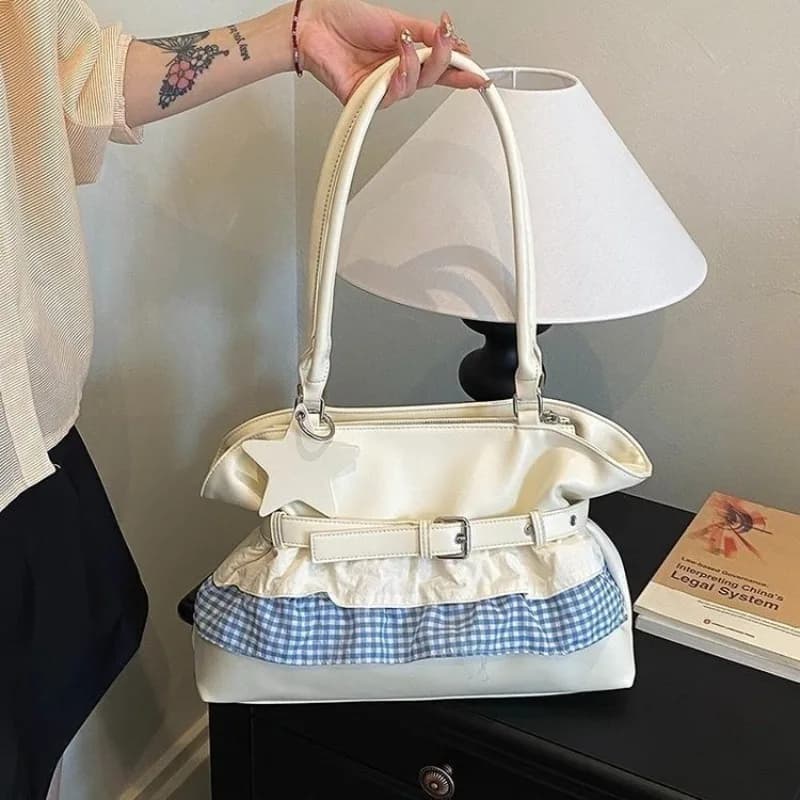 Multi-Color Faux Leather Tote Bag with Ruffle and Star Charm, Casual Style for Commuting, Outdoor Activities, and Weekend Trips