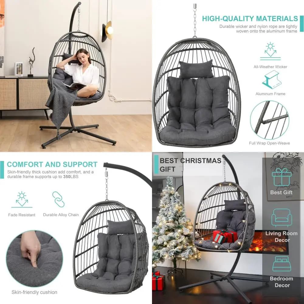 Outdoor hanging egg chair with support and cushion, rocking chair with capacity of 370 pounds per garden, bedroom, balcony - dark green patio Sw