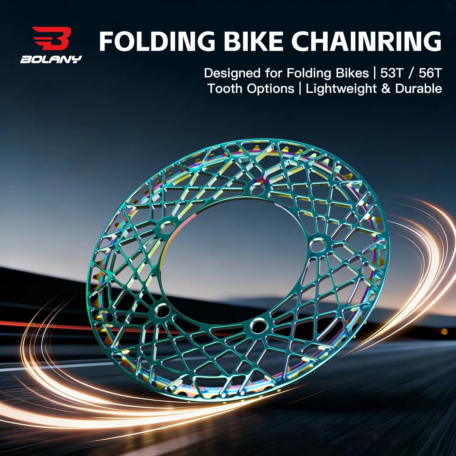 BOLANY Corona per bici pieghevole 130BCD 53T/56T Placcatura arcobaleno cavo Ruota dentata super leggera in alluminio CNC per guarnitura
