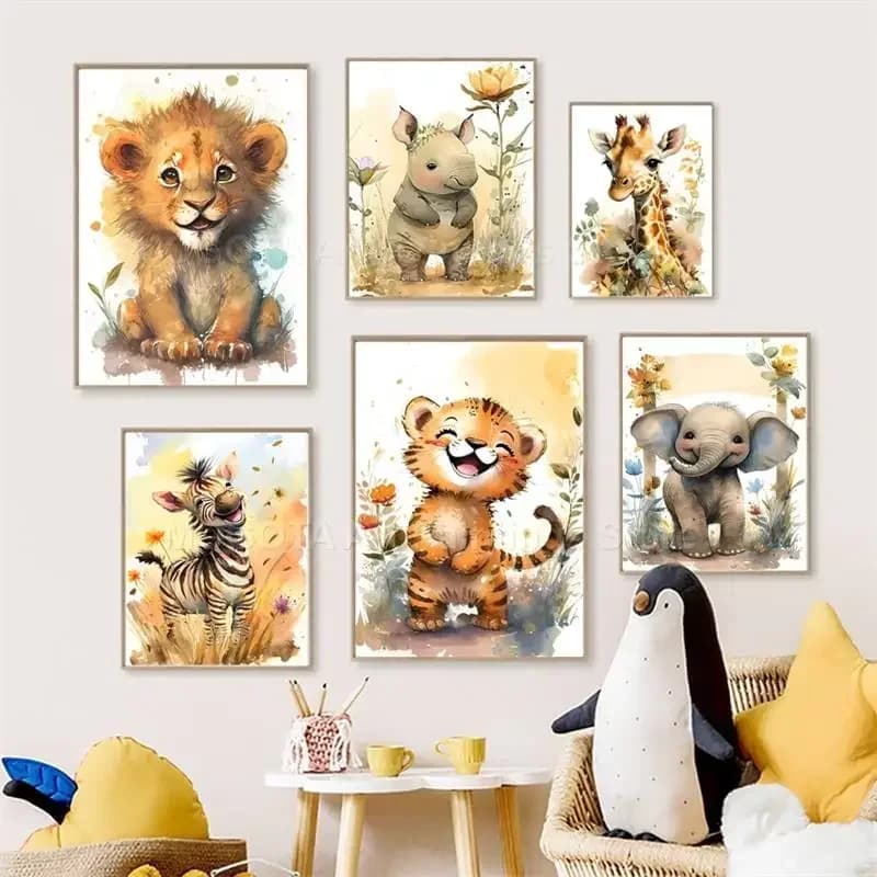 Watercolor Lion Giraffe Tiger Elephant Zebra Nursery Wall Art Canvas Painting Animal Poster Prints Pictures Baby Kids Room Decor