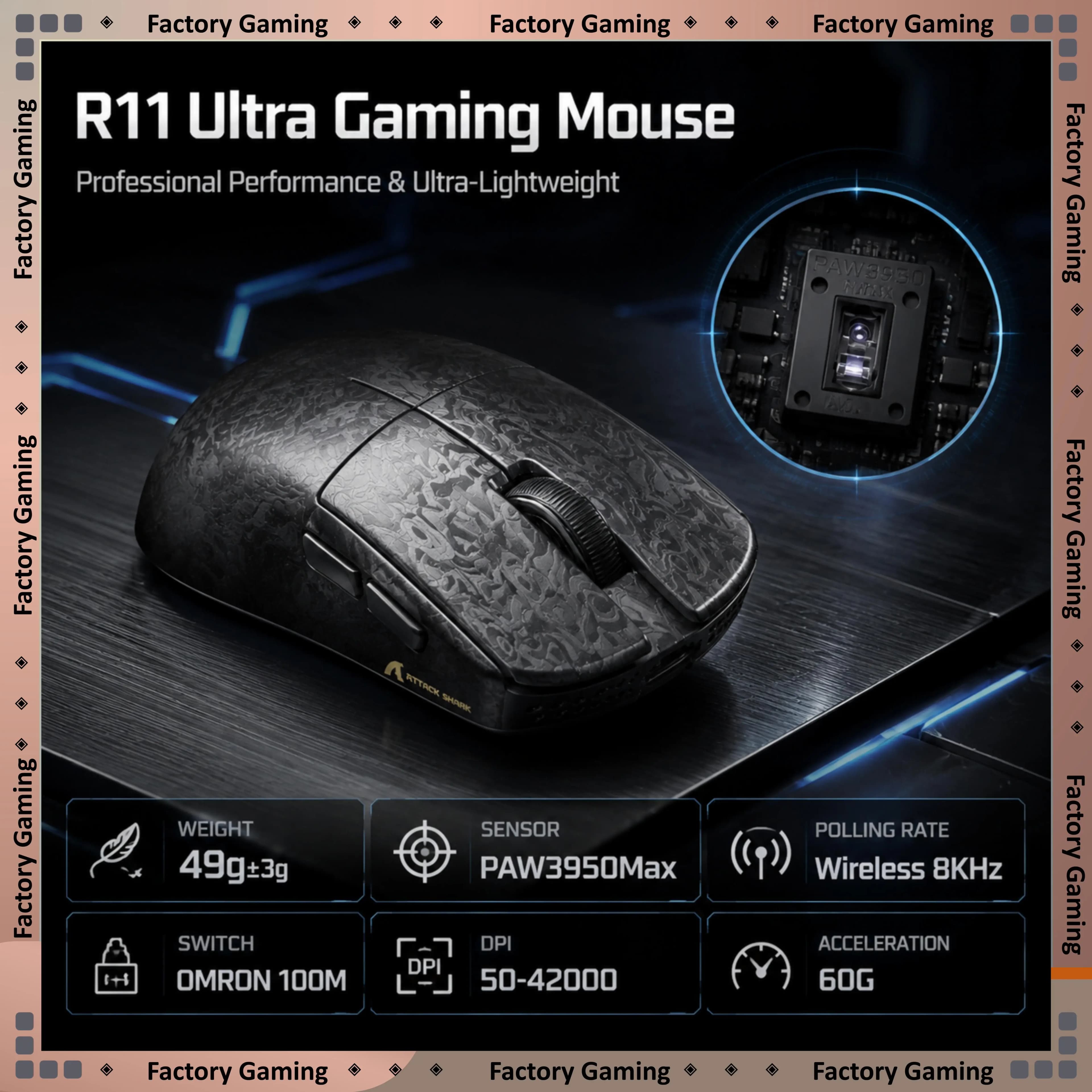 Mouse da Gaming Attack Shark R11 Ultra con Chip Nordic52840, 750IPS, Accelerazione 60G, Switch OMRON 100M, Batteria Ricaricabile 300mAh