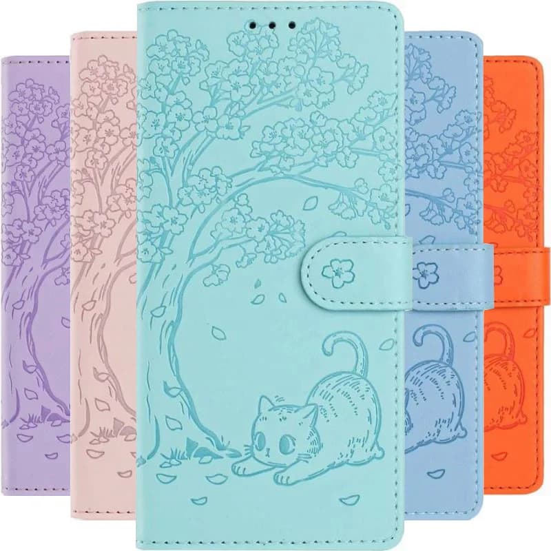 Custodia Carina per Samsung Galaxy A41 A40 A37 A36 A35 A34 A33 M06 M16 M23 M33 M36 M52 M53 M56 5G con Portafoglio e Design Gatti e Albero
