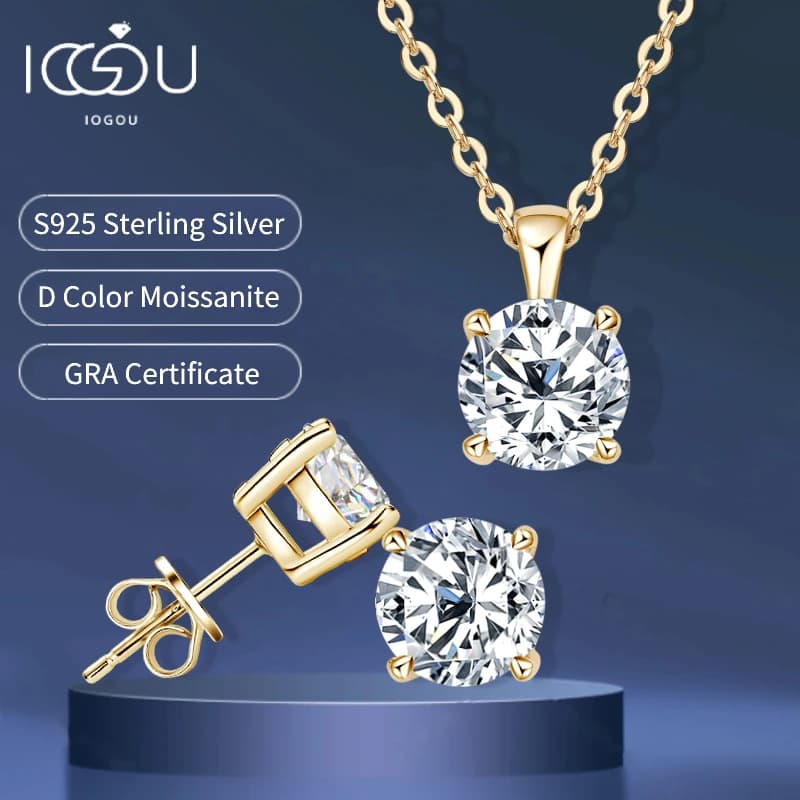Placcato oro 18 carati 3.0CTW D Color Moissanite Diamond Jewely Set per donna Sliver 925 collana con ciondolo a catena orecchini a bottone Set regalo