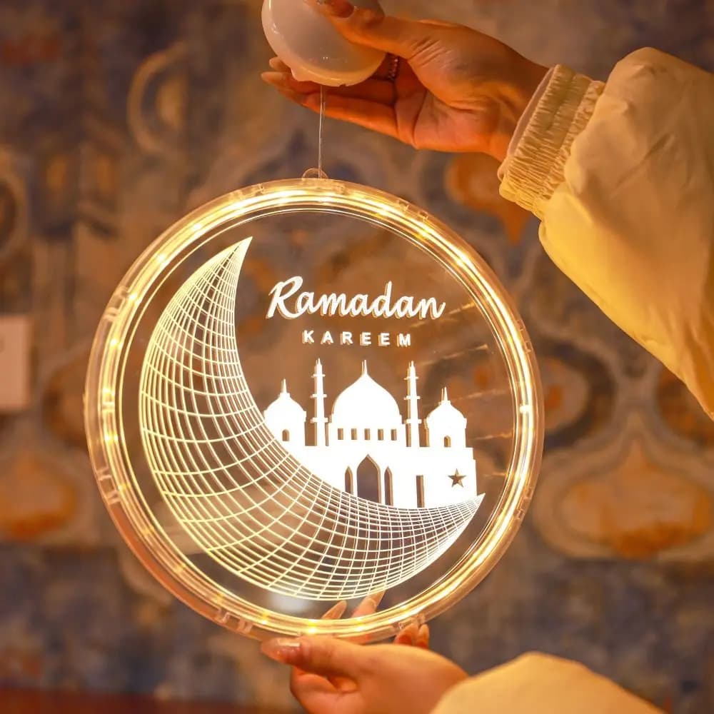 Lampada Luminosa da Appendere per Ramadan con Ventosa, Luci LED Bianco Caldo a Batteria, Lampada Rotonda Eid Mubarak