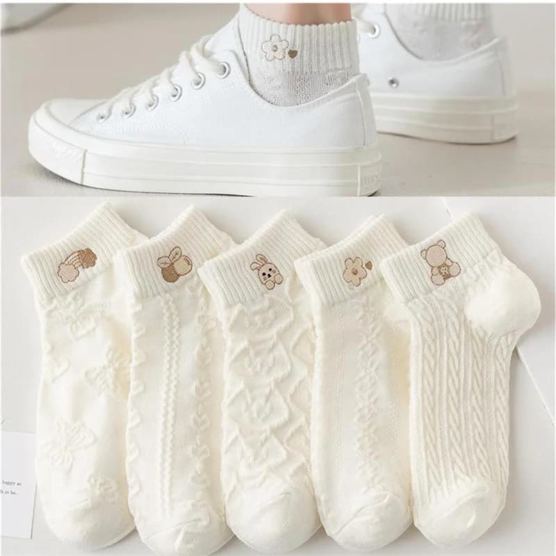 5 pairs of socks for women spring summer cute bear rabbit rainbow print short socks casual