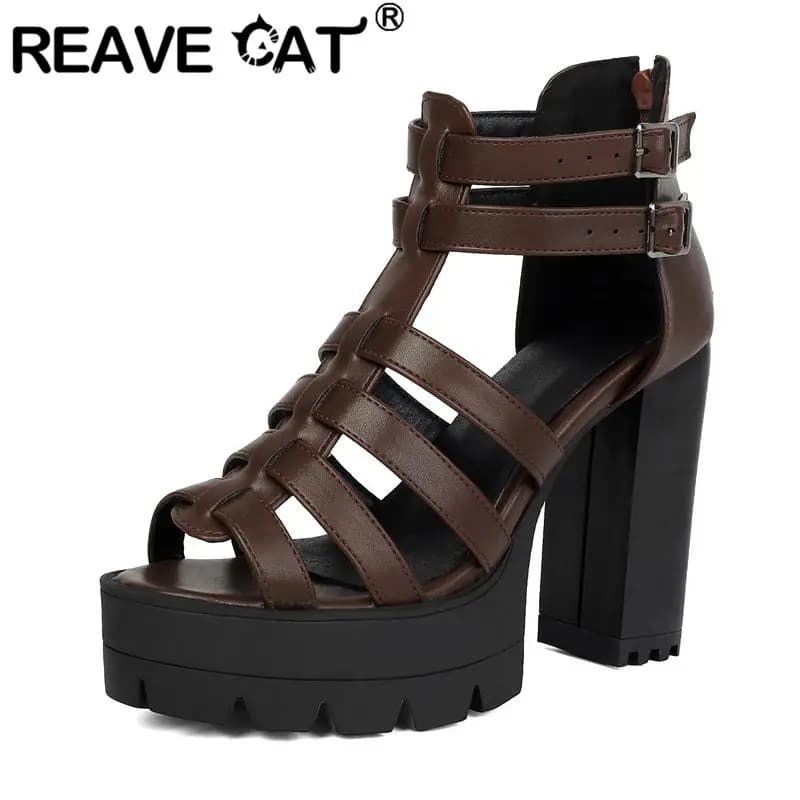 Sandali da donna REAVE CAT marroni con tacco grosso da 11 cm, plateau da 3,5 cm, fibbia e cinturino a T, taglie forti 43 44 45, scarpe sexy per appuntamenti