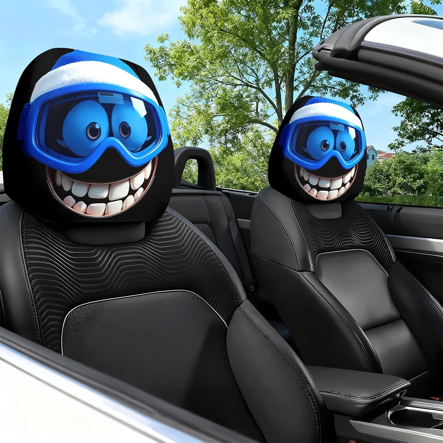 2 Pezzi Cuscino Poggiatesta per Sedile Auto con Stampa a Tema Espressioni Carine e Occhiali da Sci Blu - Protezione per il Collo con Design Adorabile
