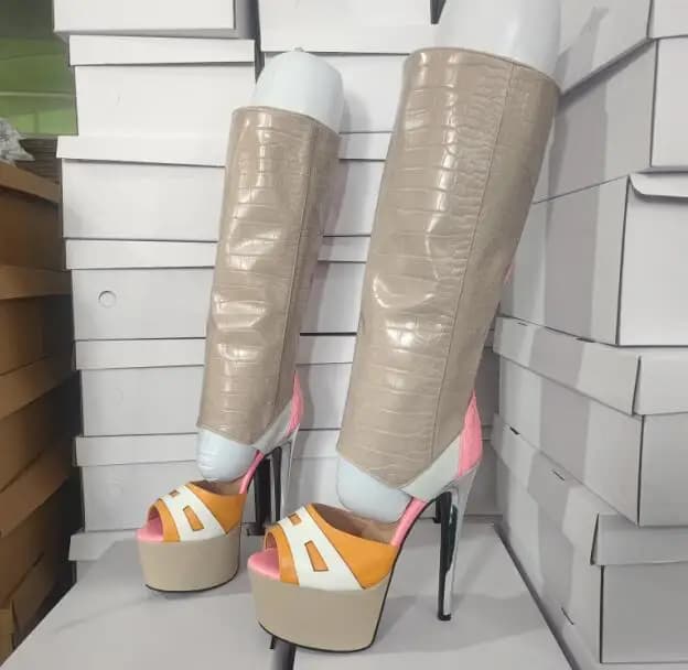 Arancione Rosa Bianco Grigio Colore misto Piattaforma peep toe Tacchi sottili cavi Sandali alti al ginocchio Stivali Stivali lunghi a spillo moda donna
