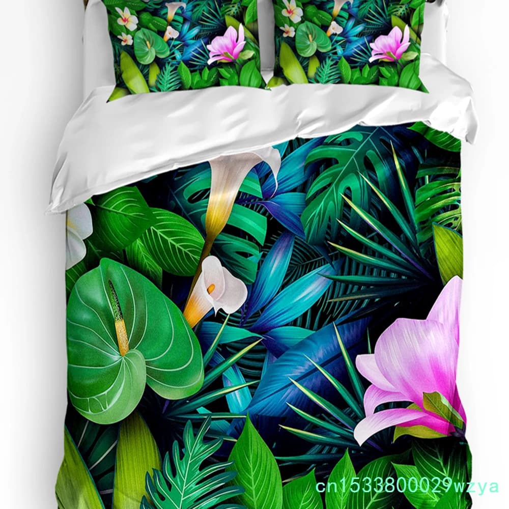 Green Plant Leaf Plumeria Flower Duvet Cover With Pillow Case Custom 3pcs Bedding Set Quilt Cover Double Bed Home Textile