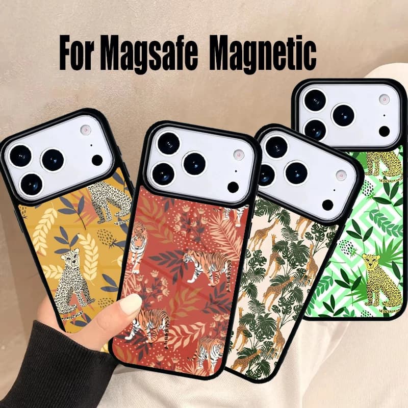 Cover per iPhone con tigri, leopardi e foglie tropicali, compatibile con Magsafe Wireless Magnetic per iPhone 17 Air 16e 15 14 13 12 11 Pro Max Plus