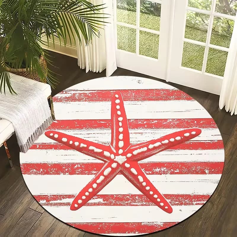 Vintage Distressed Red White Striped Red Starfish Round Rug Nautical Coastal Style Non Slip Soft Circular Carpet