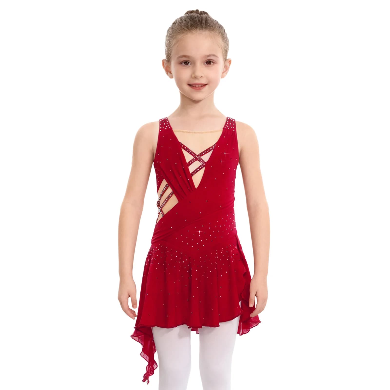 Costume da ballo latino per balletto per bambina, patchwork in rete trasparente, senza maniche, con spacco laterale sul retro, per ginnastica di pattinaggio di figura