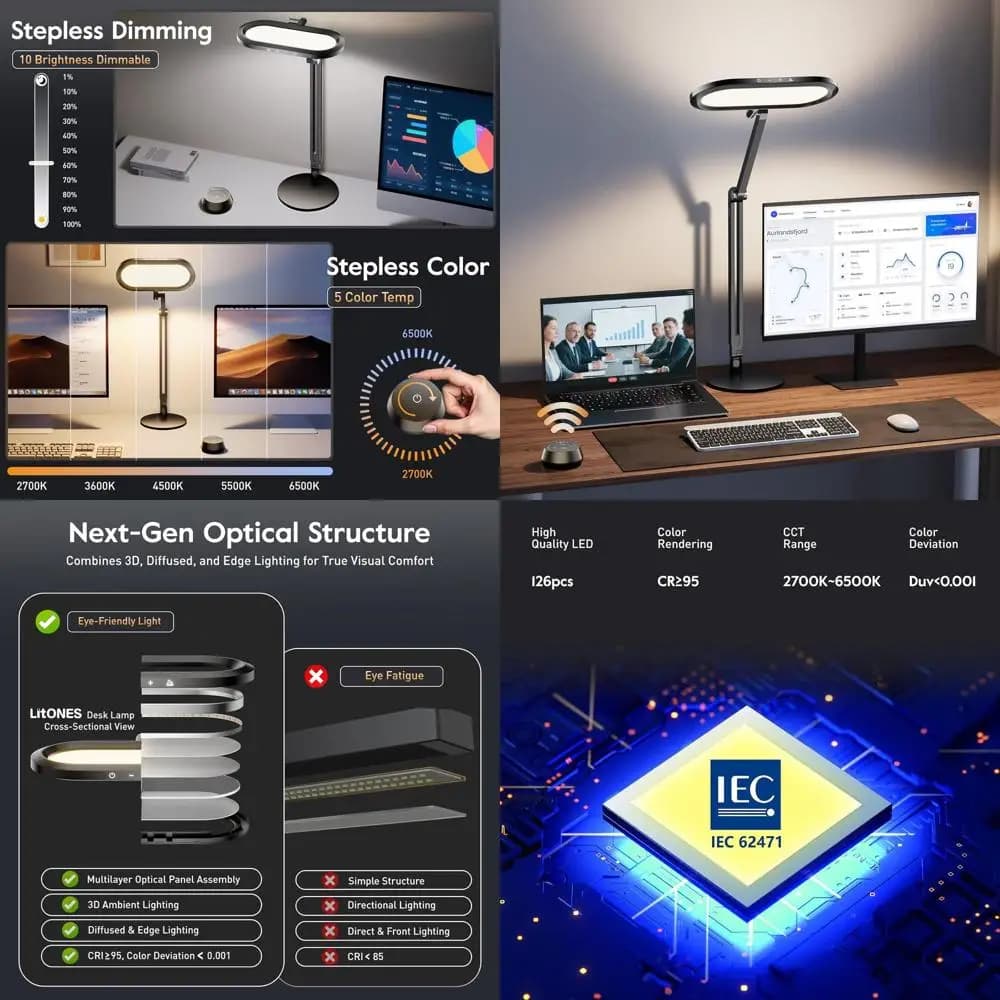 Lampada da Scrivania LED Bifacciale con Telecomando, Dimmerazione Graduale, Memoria Colore, Base in Metallo, Ideale per Studio e Videoconferenze
