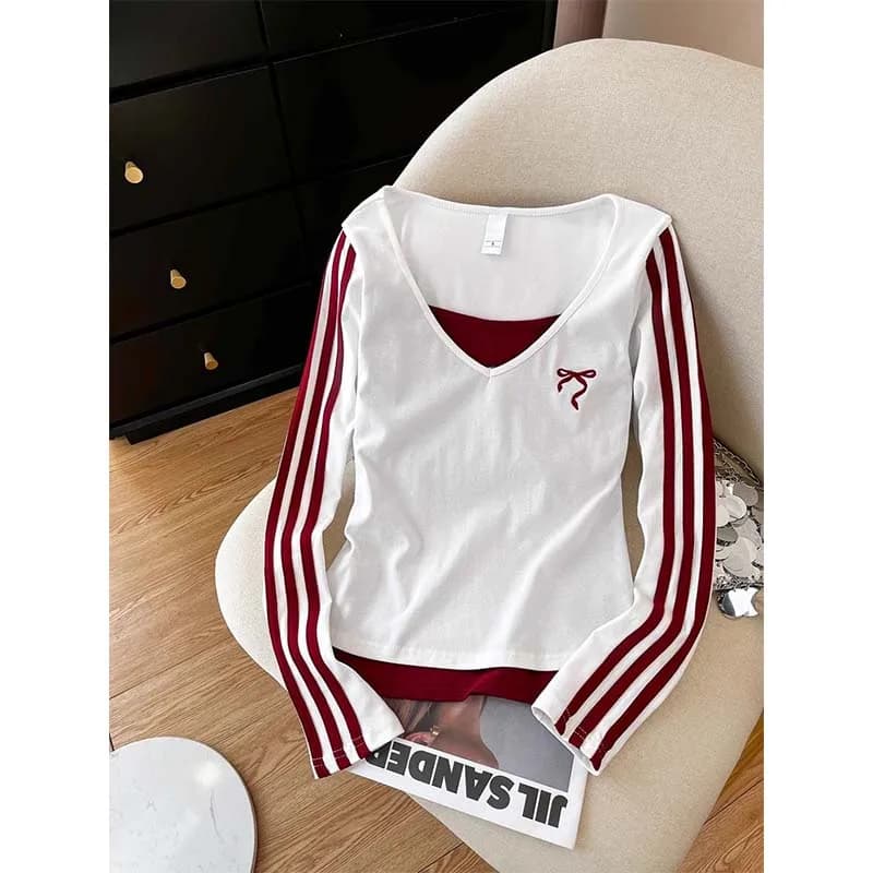 Primavera Autunno Falso in due pezzi con scollo a V T-shirt a maniche lunghe Abbigliamento donna Casual Allentato Chic Patchwork Top Tee All-match Pullover