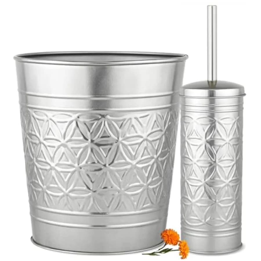 Set di 2 Pezzi: Cestino per Bagno e Scopino WC in Metallo Spazzolato Argento - Accessori Bagno Moderni Stile Rustico e Transizionale