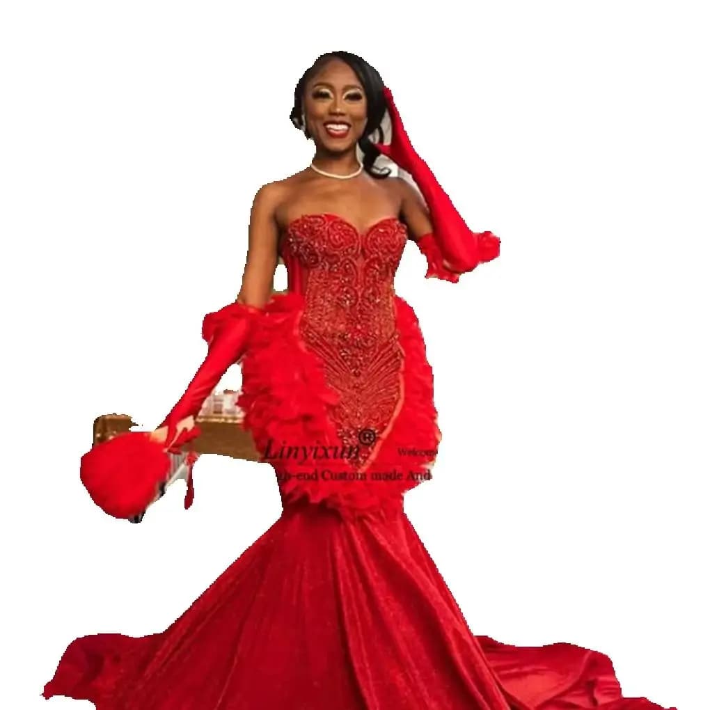 Abito da ballo a sirena con diamanti scintillanti Ragazza nera Strass Piume Abiti da sera per feste di compleanno Abiti da sera personalizzati