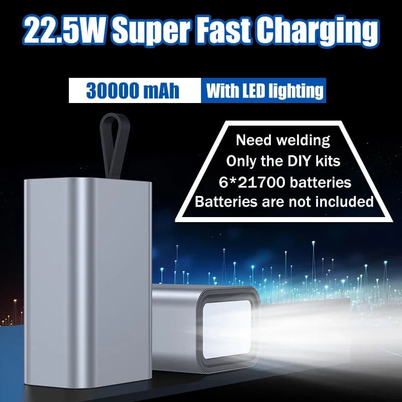 DIY 6×21700 Power Bank Case Max30000mAh PD QC22.5W FastCharge Type-C MicroInput AluminumShell Camping LED Flashlight BatteryBox