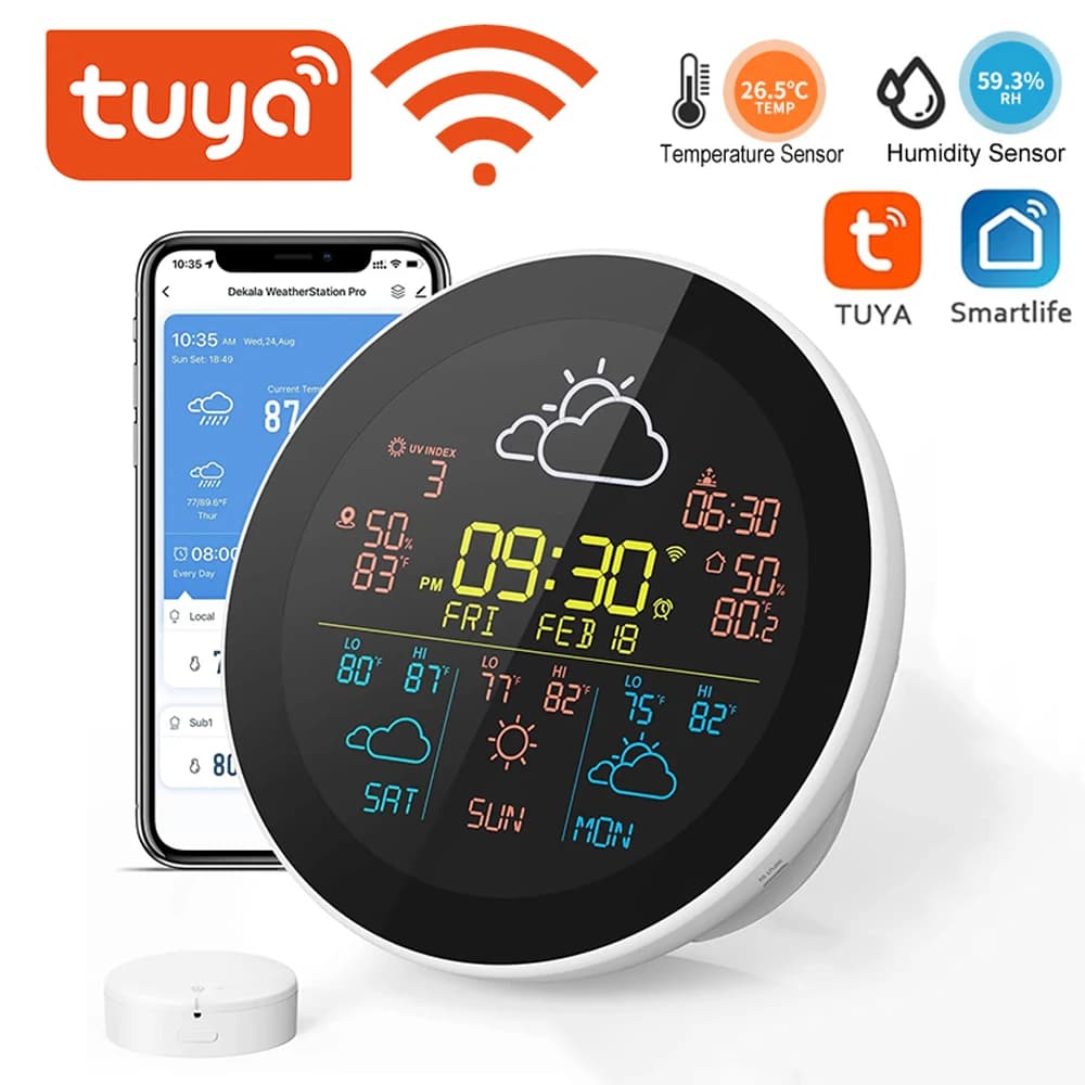 Tuya WiFi Orologio meteorologico intelligente Previsioni meteo di 3 giorni Stazione meteorologica Termometro wireless Igrometro Display LCD Mobilepho