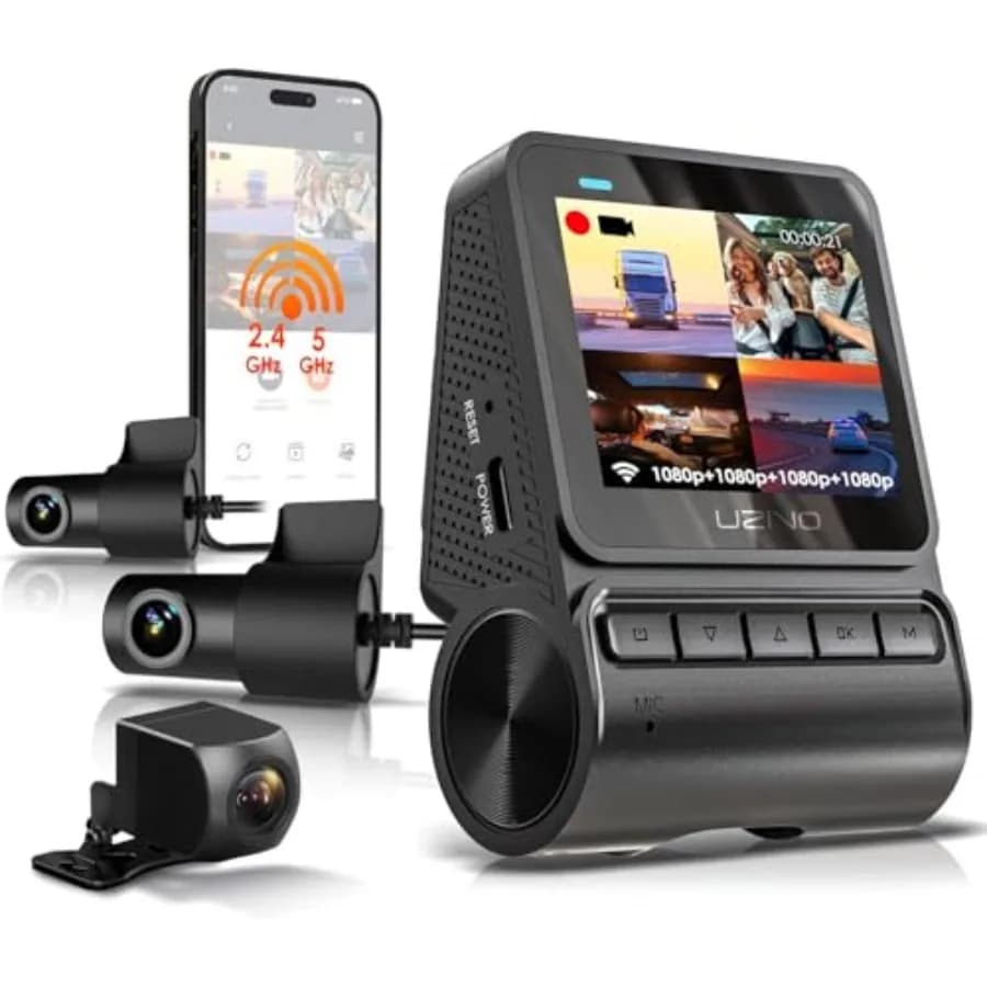Dash Cam for vehicles, ABS plastic, black, quad-channel 1080p coverage with 170 wide angle, Wi-Fi, 24-hour parking surveillance
