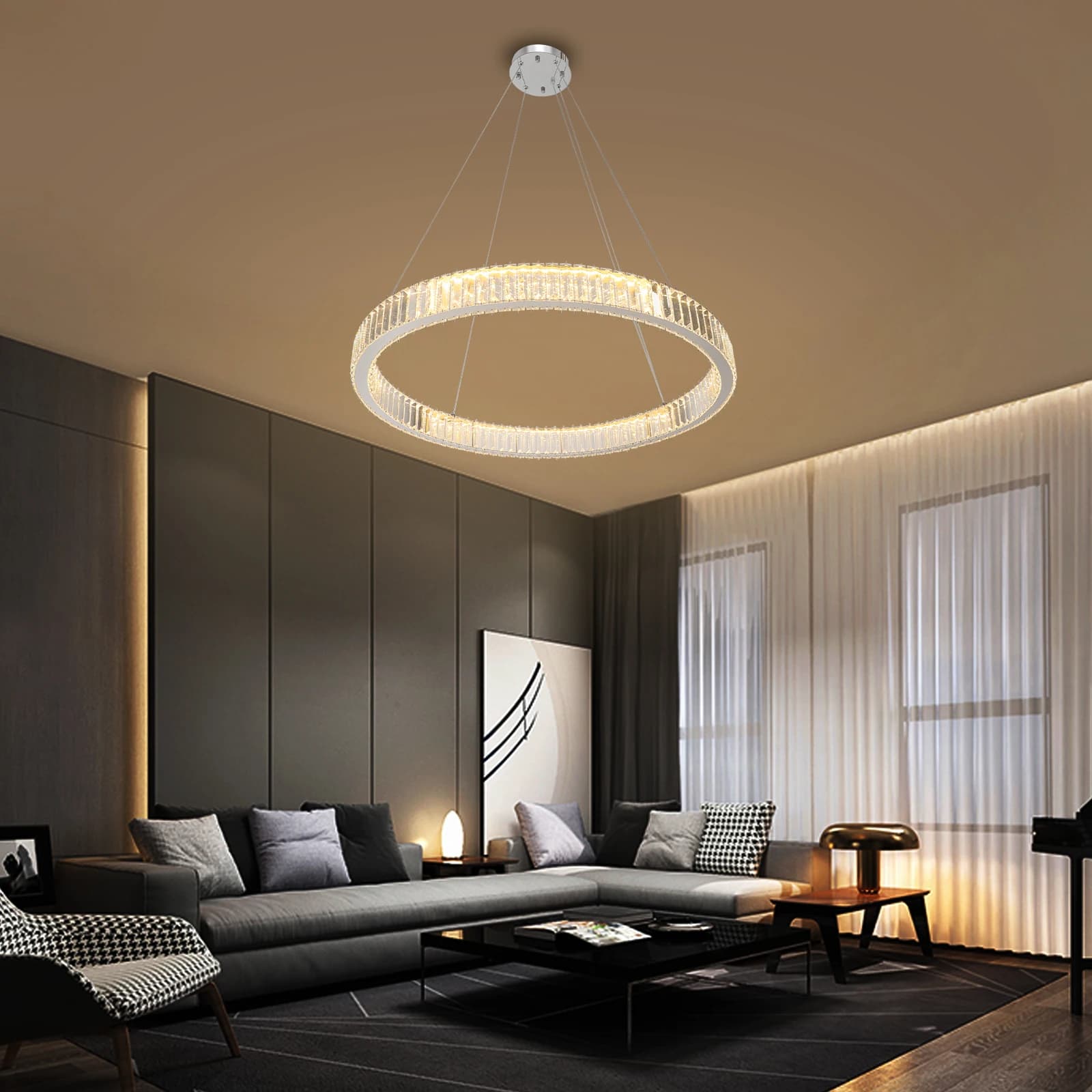 Lampadario a Sospensione in Cristallo da 95W, 3 Colori Dimmerabili, LED Moderno, Illuminazione per Interni, per Soggiorno e Camera da Letto