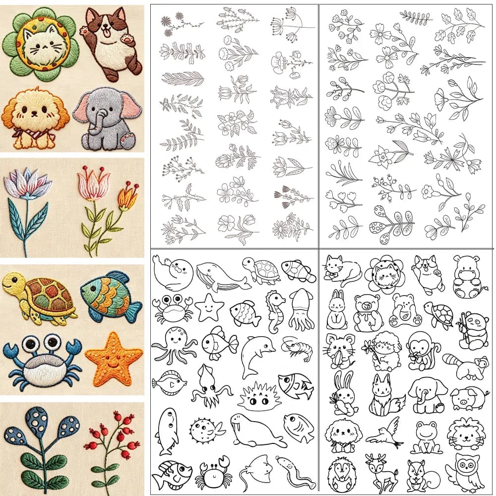 Cute Animal & Floral Embroidery Sticker Set, DIY Self-Adhesive Water-Soluble Fabric Paper, Includes 12 Colors Metal Threads