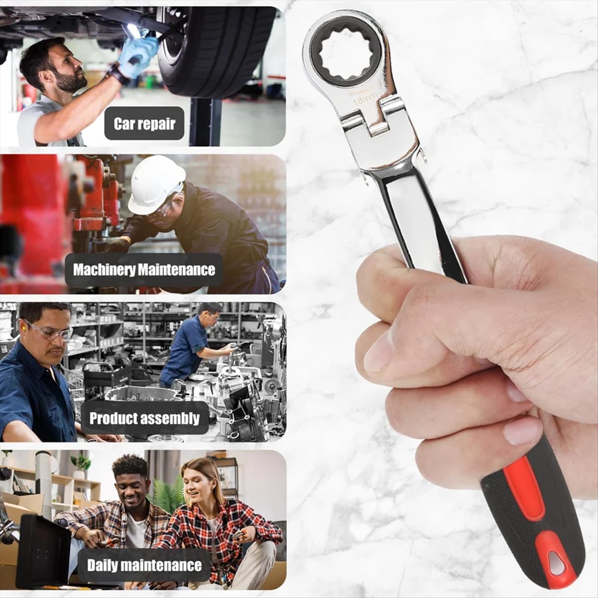 Flex Head Ratcheting Wrench Set, 8-19mm Metric Ratchet Wrench Tool with Interchangeable Heads & Storage