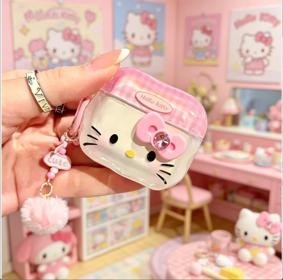 Custodia Protettiva Rosa Hello Kitty a Forma di Gatto con Fiocco per Auricolari Apple AirPods Pro 3, Pro 2, 4, 3, 2, 1, con Ciondolo Portachiavi